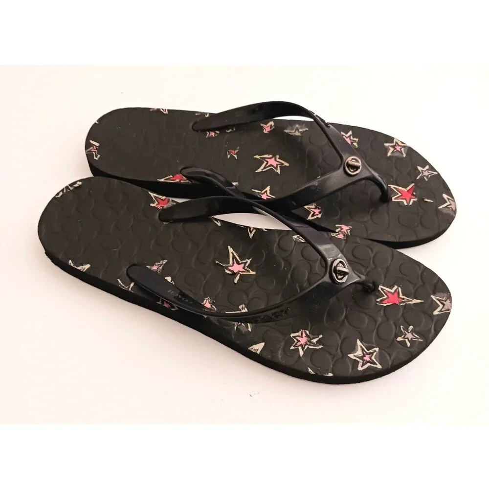 Coach Abbigail Turnlock Flip Flops Black C Logo Embossed Insole w Stars Sz 9 - Picture 7 of 9